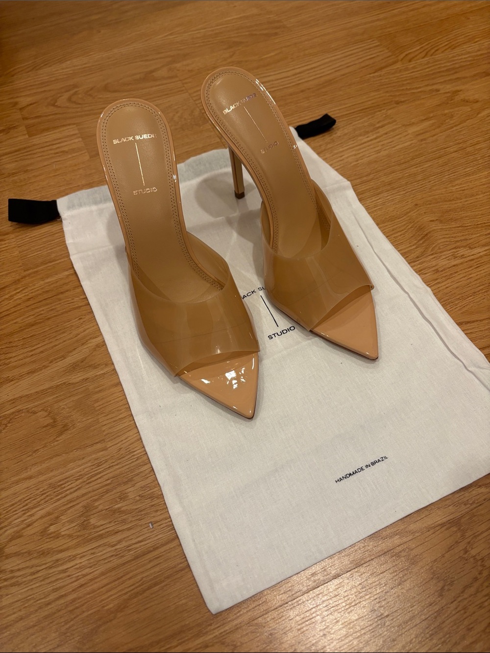 Black Suede Studio Nude Pointed PVC Mule Heels